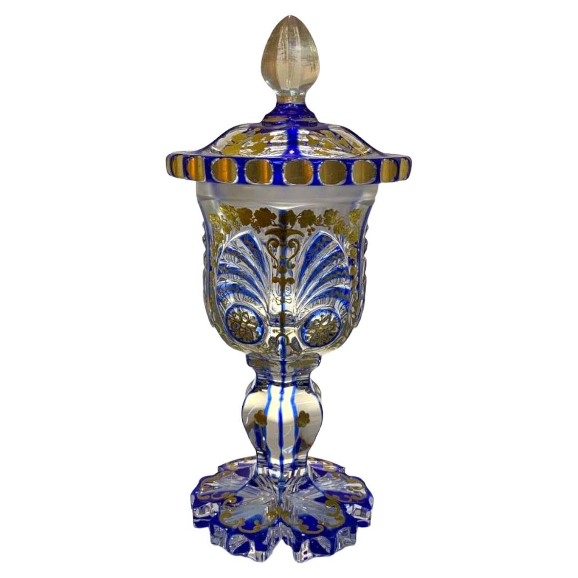 Antique Bohemian Overlay Enameled Glass Goblet, Biedermeier 19th Century For Sale