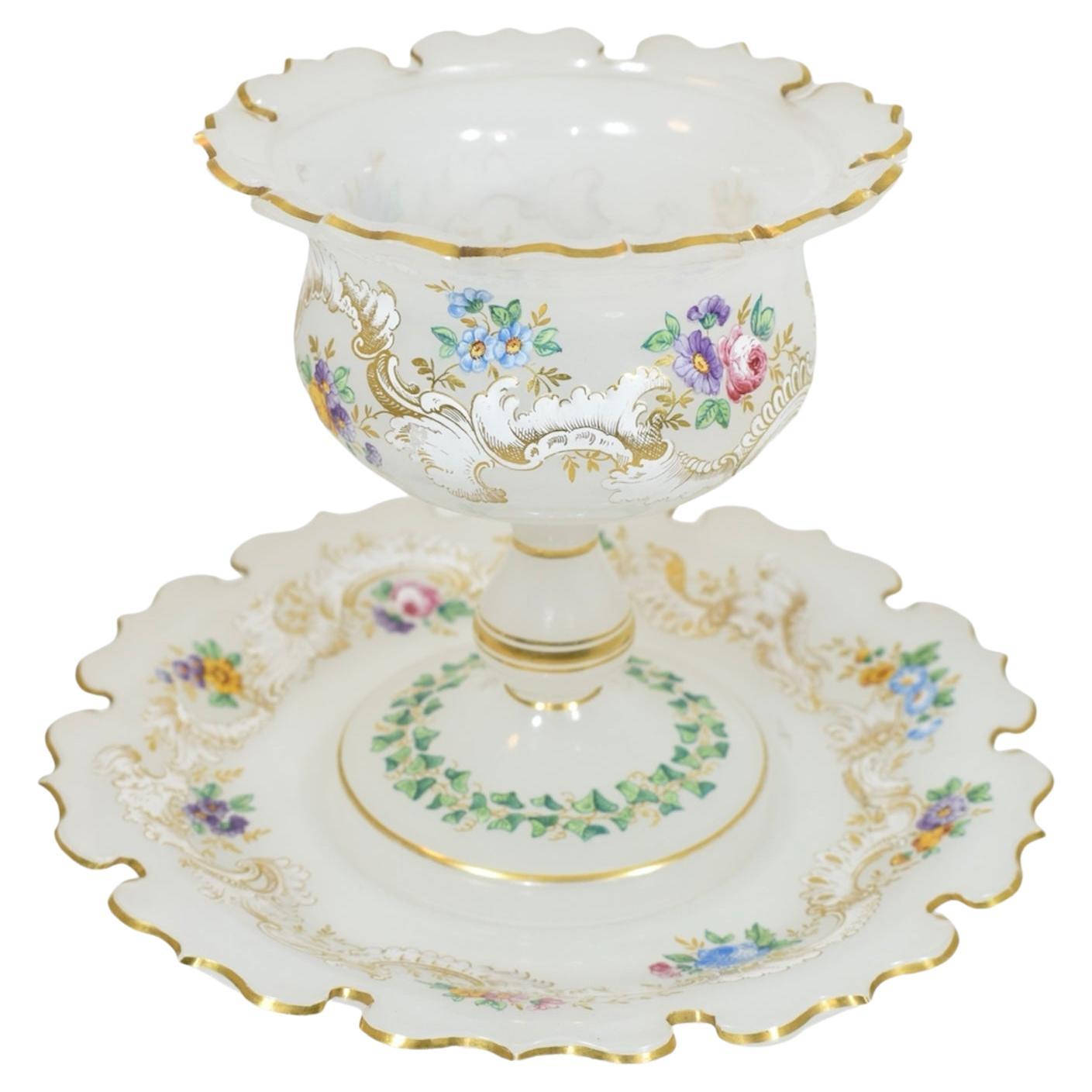 Antique Opaline Enameled Glass Tazza Bowl and Plate, 19th Century For Sale