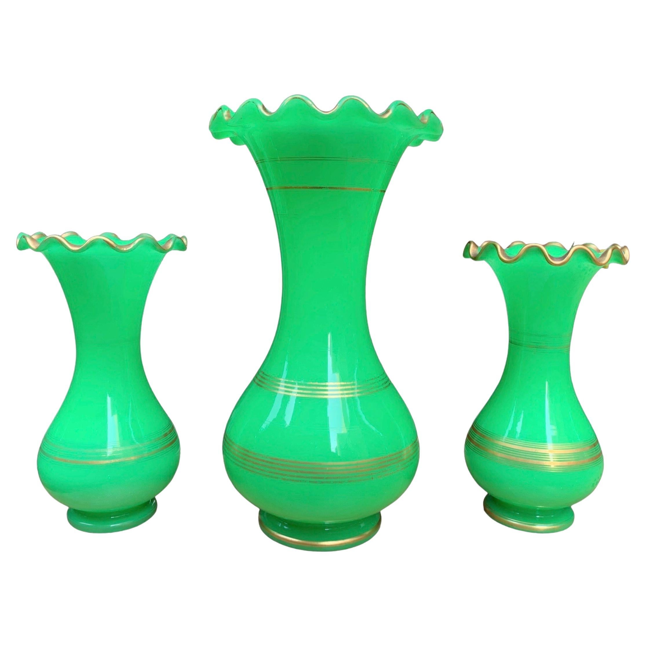 Antique 3 French Vases Jn Green Uranium Opaline Glass, 19th Century For Sale