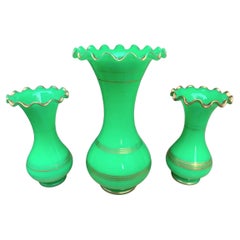 Antique 3 French Vases Jn Green Uranium Opaline Glass, 19th Century