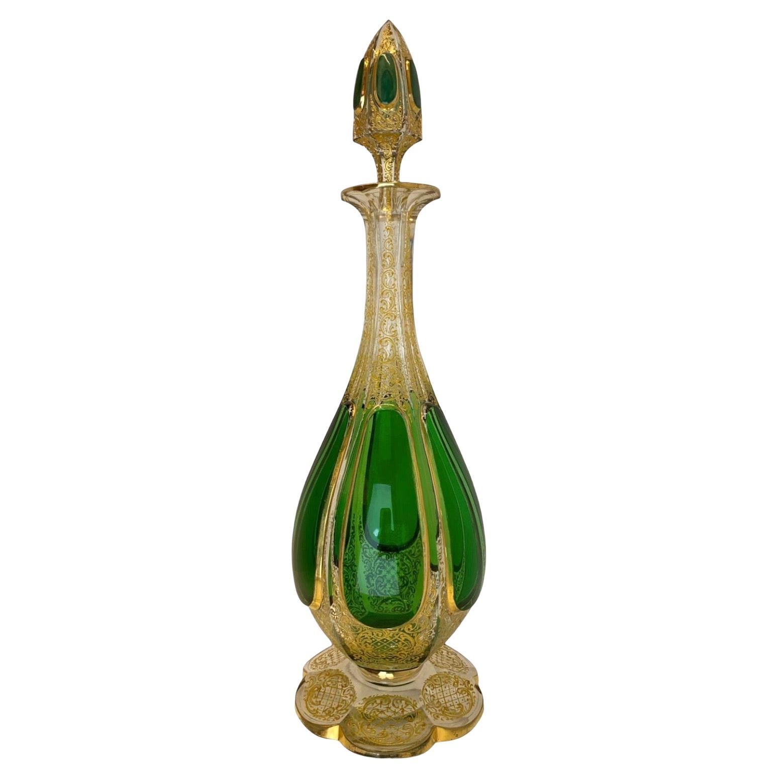 Antique Bohemian Moser Overlay Gilded Glass Decanter, 19th Century, 40 cm For Sale