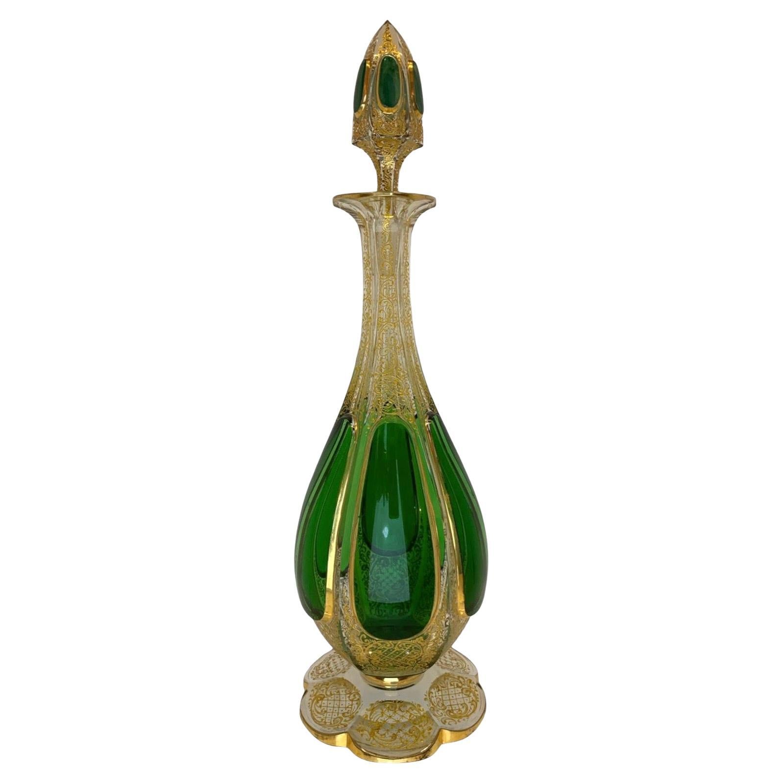 Gilt Antique Bohemian Moser Overlay Gilded Glass Decanter, 19th Century, 40 cm For Sale