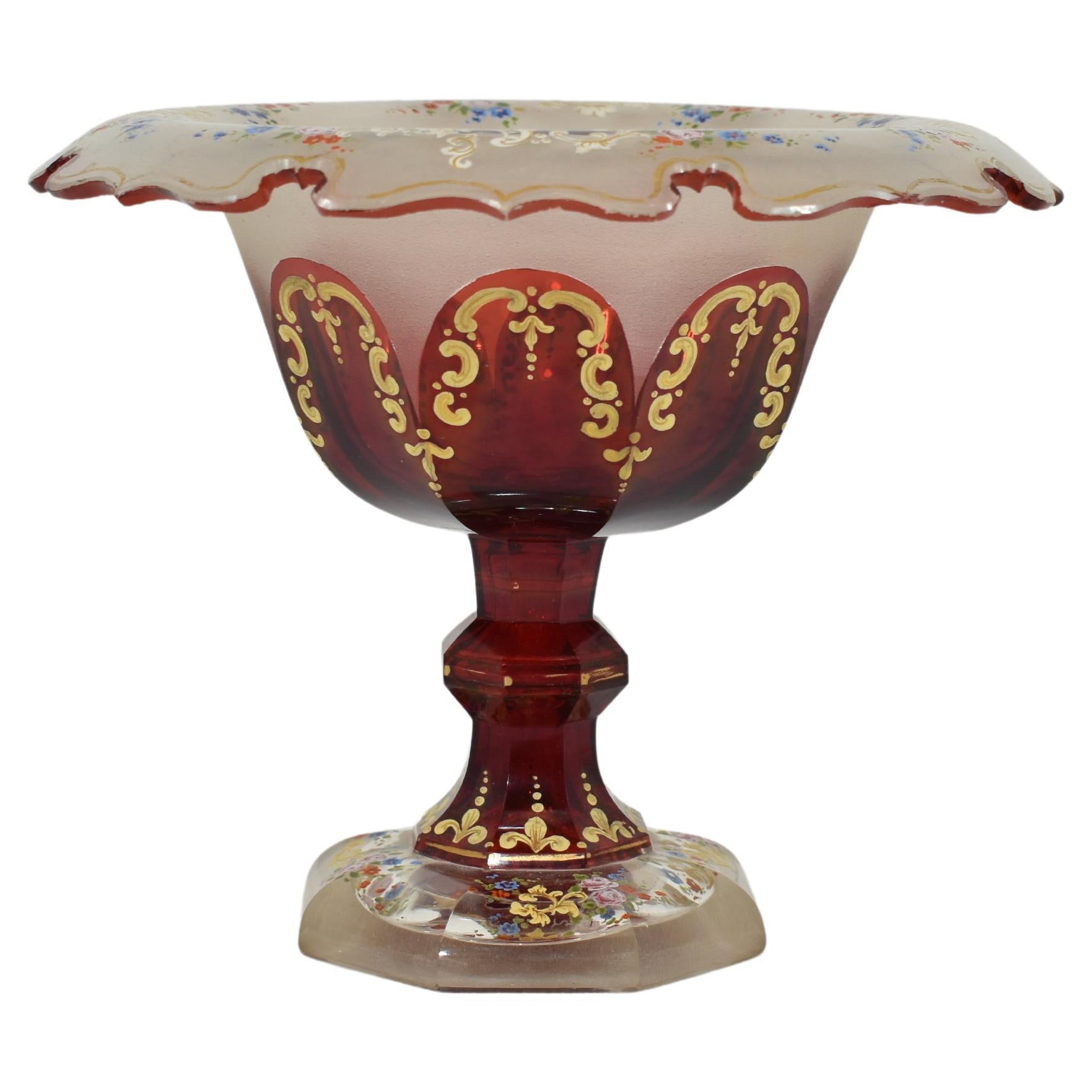 Antique Bohemian Ruby Red Enameled Glass Tazza Bowl, 19th Century For Sale