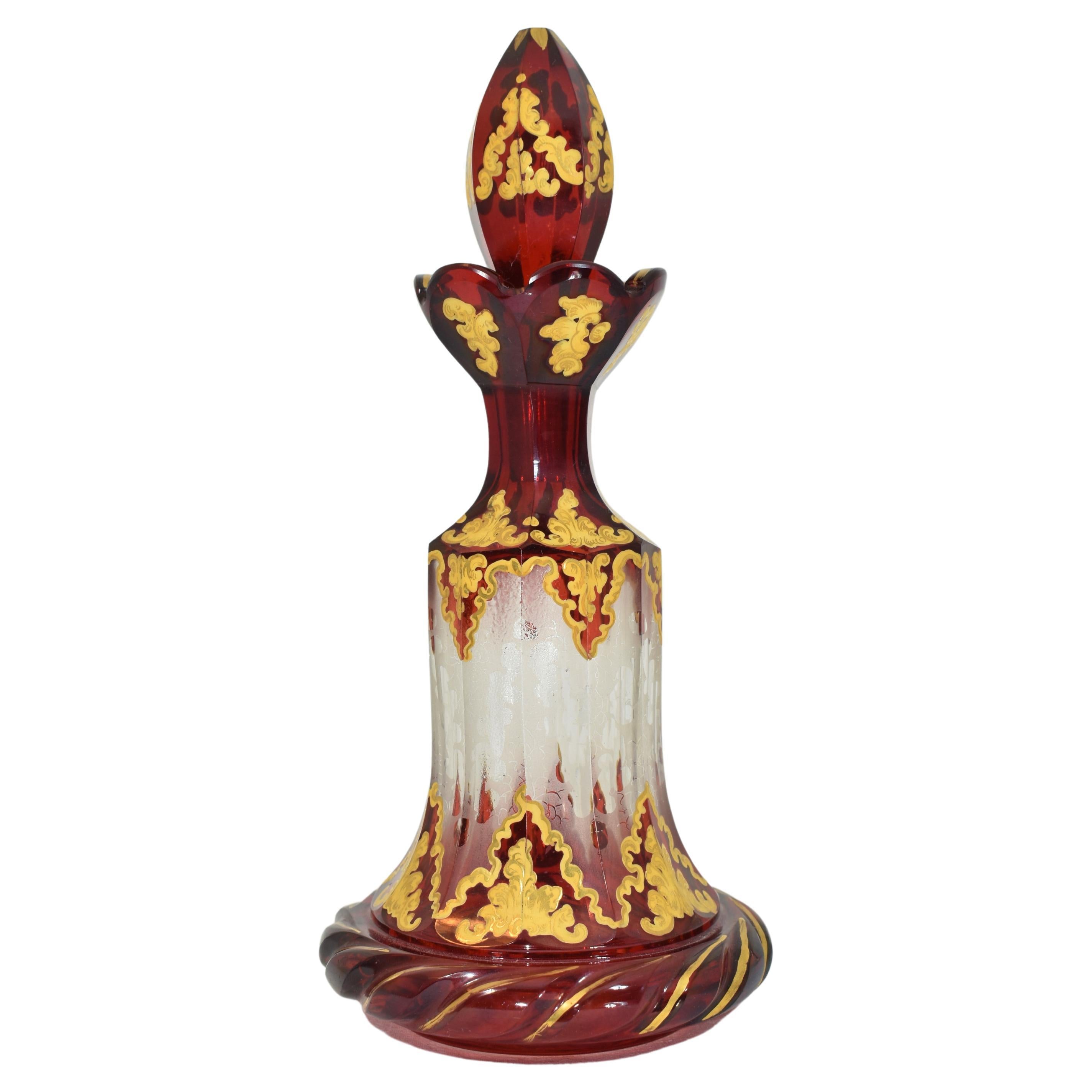 Antique Bohemian Ruby Red Enameled Glass Perfume Bottle, 19th Century For Sale