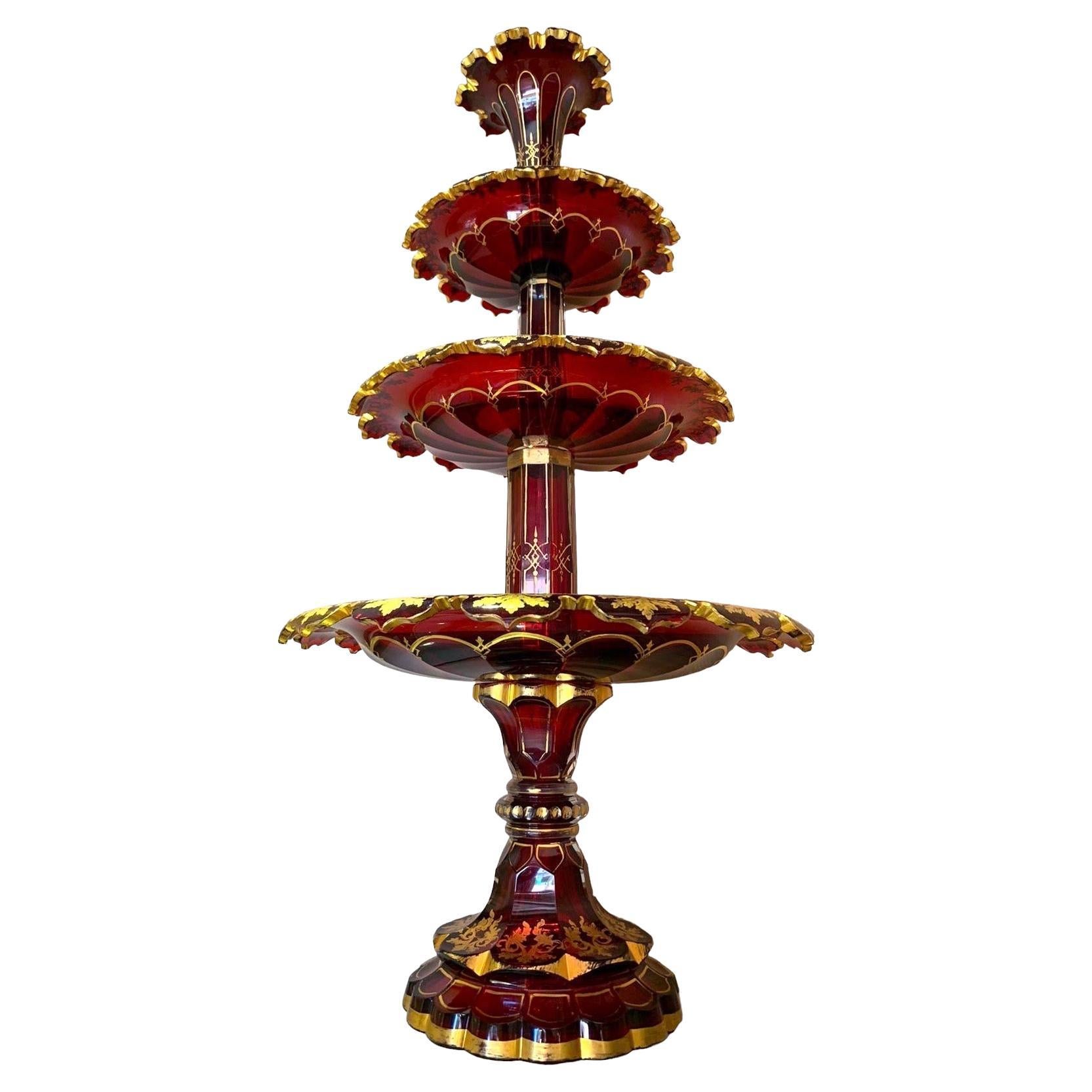 Antique Bohemian Ruby Red Gilded Glass Centrepiece, 19th Century For Sale 1