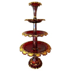 Antique Bohemian Ruby Red Gilded Glass Centrepiece, 19th Century