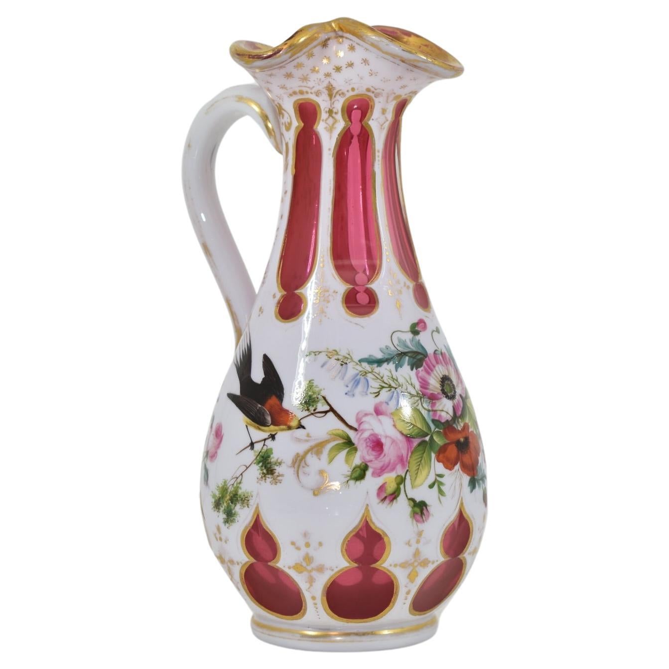 Antique Bohemian Ruby Red Overlay Glass Ewer, Jug, Pitcher, 19th Century For Sale