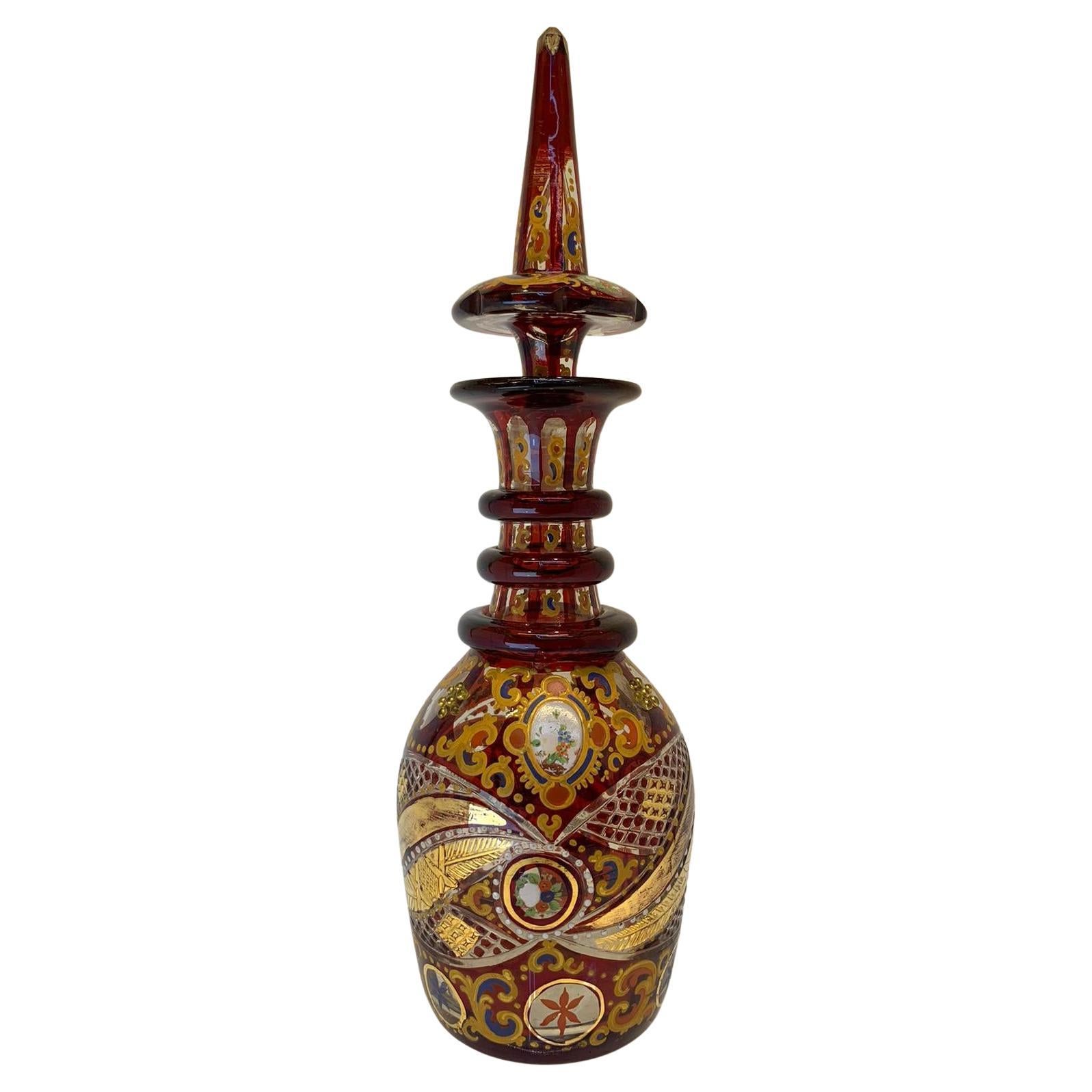 Antique Ruby Enamelled Glass Decanter, Bohemian for Islamic Market, 19th Century For Sale