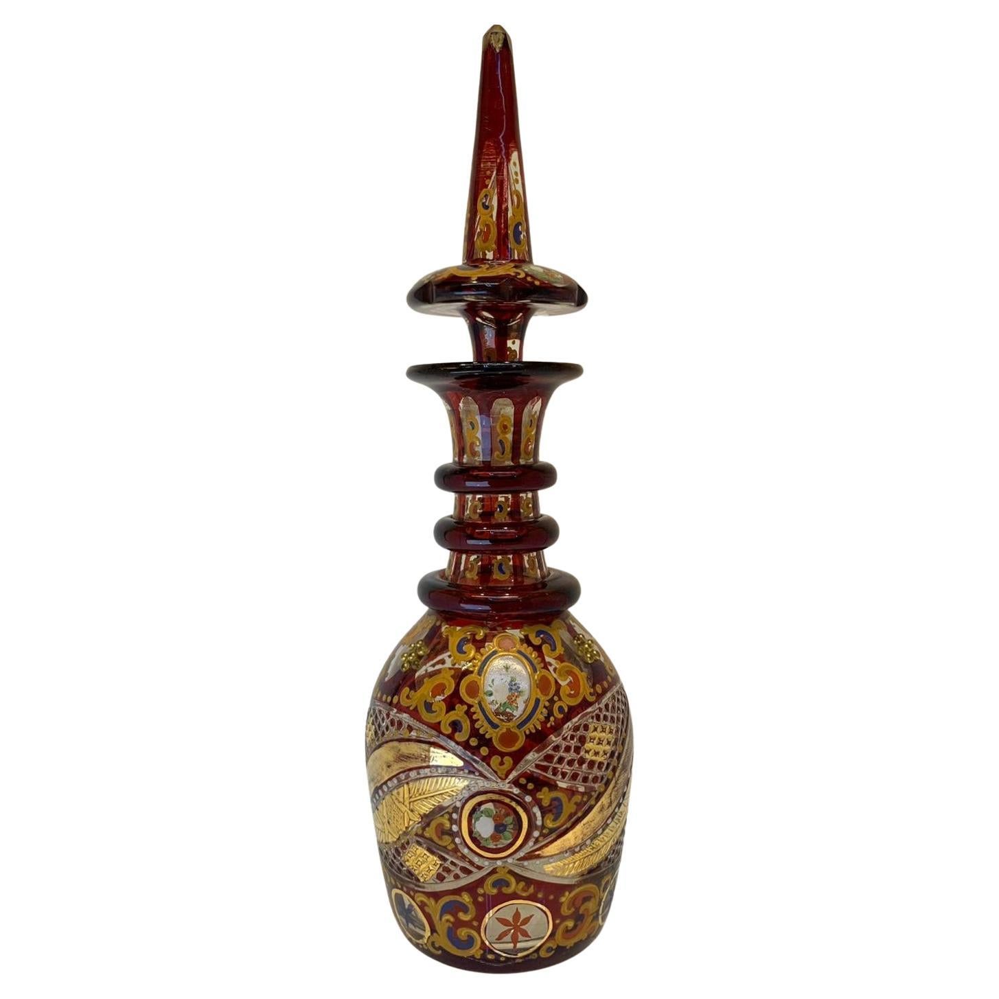 Enameled Antique Ruby Enamelled Glass Decanter, Bohemian for Islamic Market, 19th Century For Sale