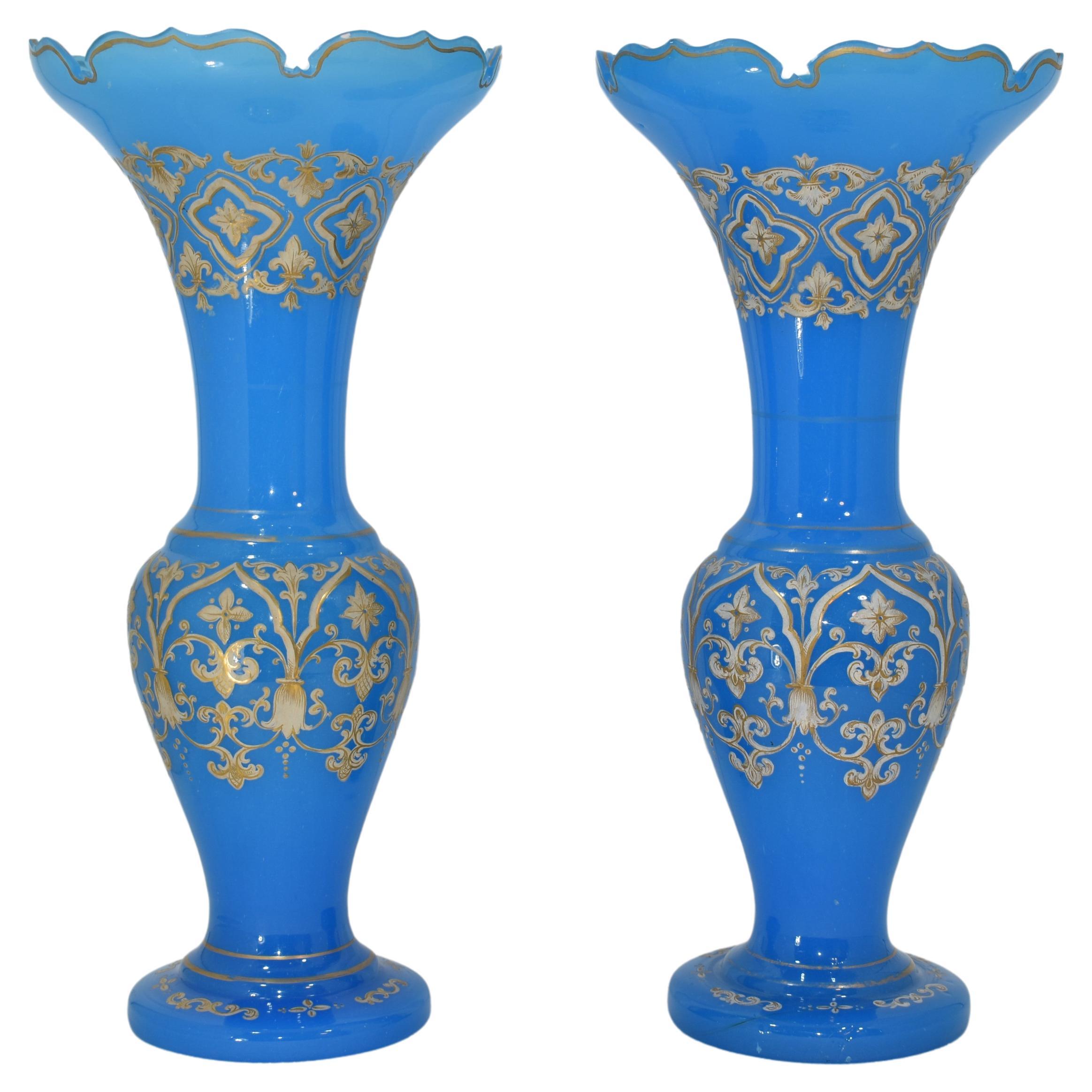 Large Pair of Antique Bohemian Opaline Enameled Glass Vases, 19th Century For Sale