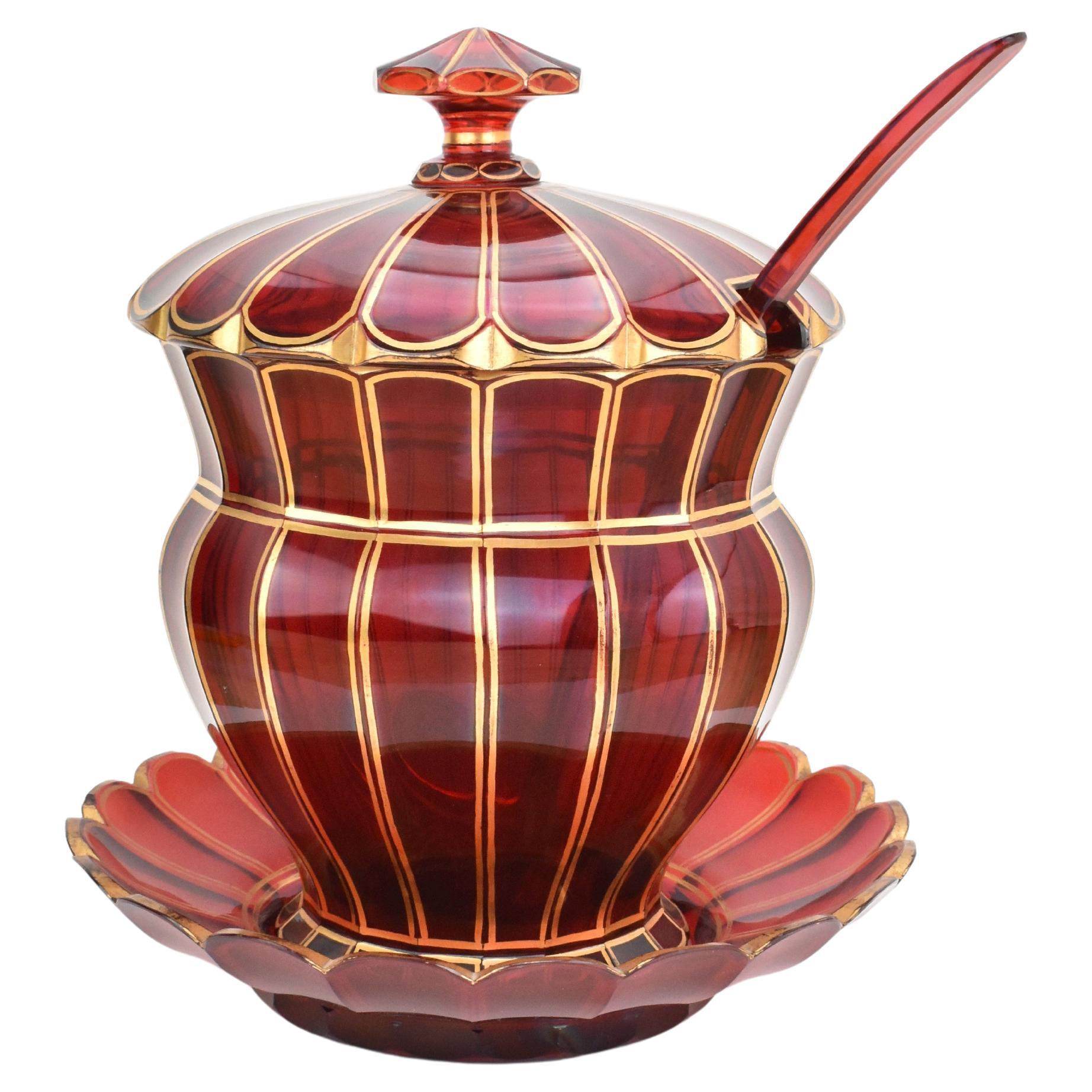 Antikes böhmisches Bonbonniere-Schalen-Set aus Rubinrotem Kristallglas, 19. Jahrhundert