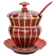 Antique Bohemian Ruby Red Crystal Glass Punch Bowl Set Bonbonniere, 19th Century