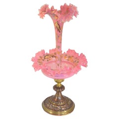 Grand centre de table épergne ancien en verre opalin rose Moser, 19ème siècle