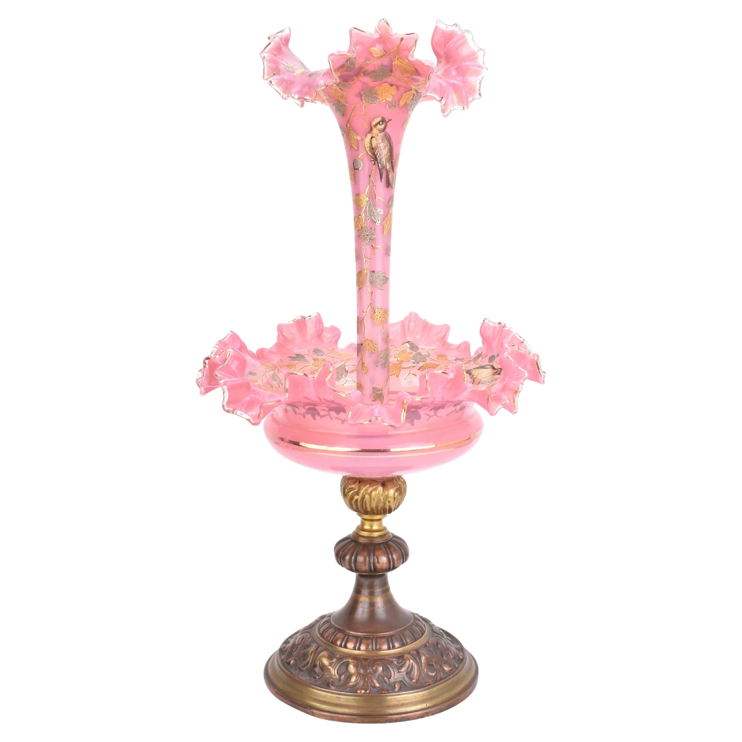 Gran Centro de Mesa Antiguo de Moser en Vidrio Opalino Rosa, Siglo XIX en venta