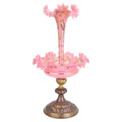 Gran Centro de Mesa Antiguo de Moser en Vidrio Opalino Rosa, Siglo XIX