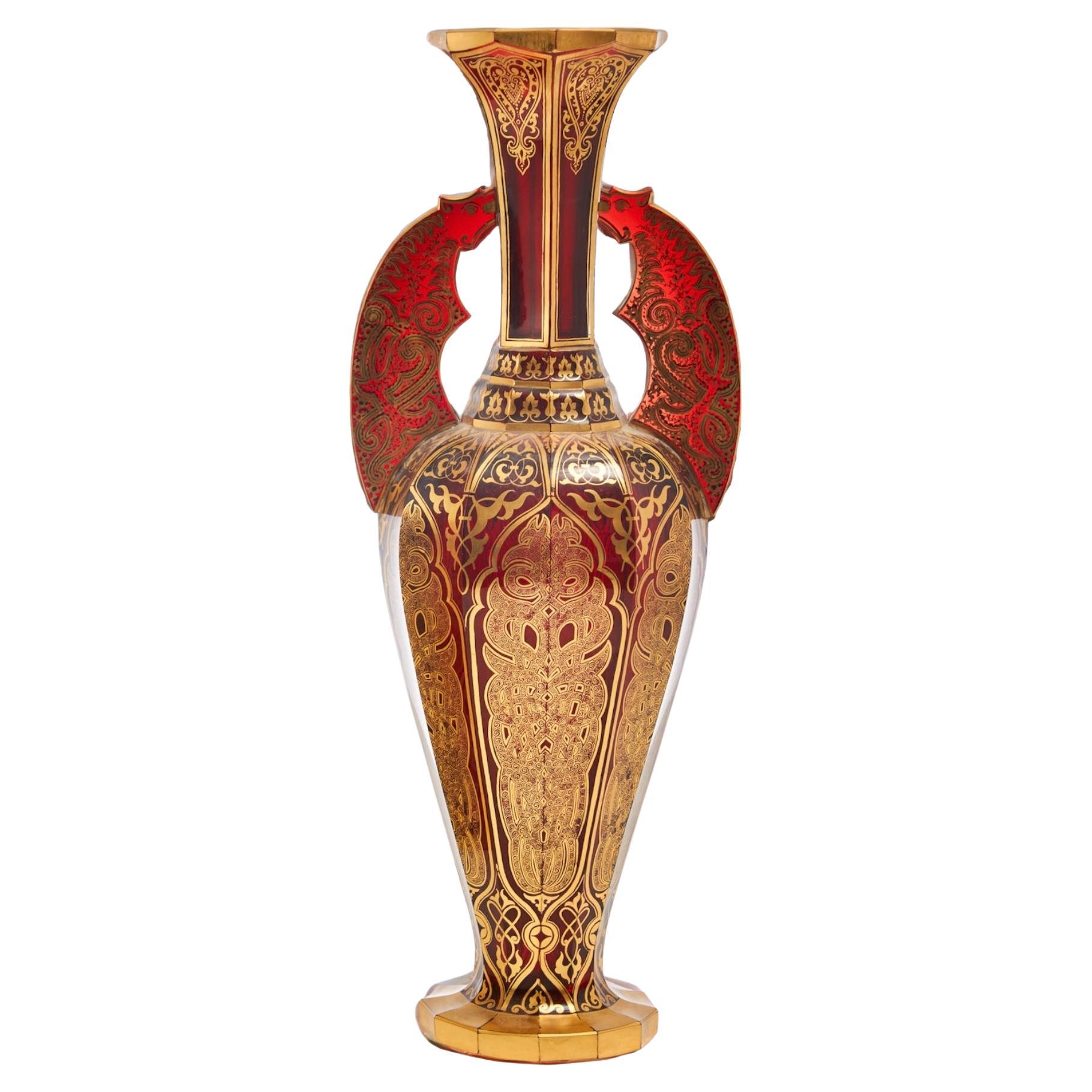 Large Alhambra Vase, Antique Bohemian Ruby Gilded Glass, 19th Century For Sale