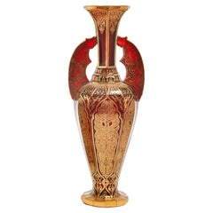 Large Alhambra Vase, Antique Bohemian Ruby Gilded Glass, 19th Century