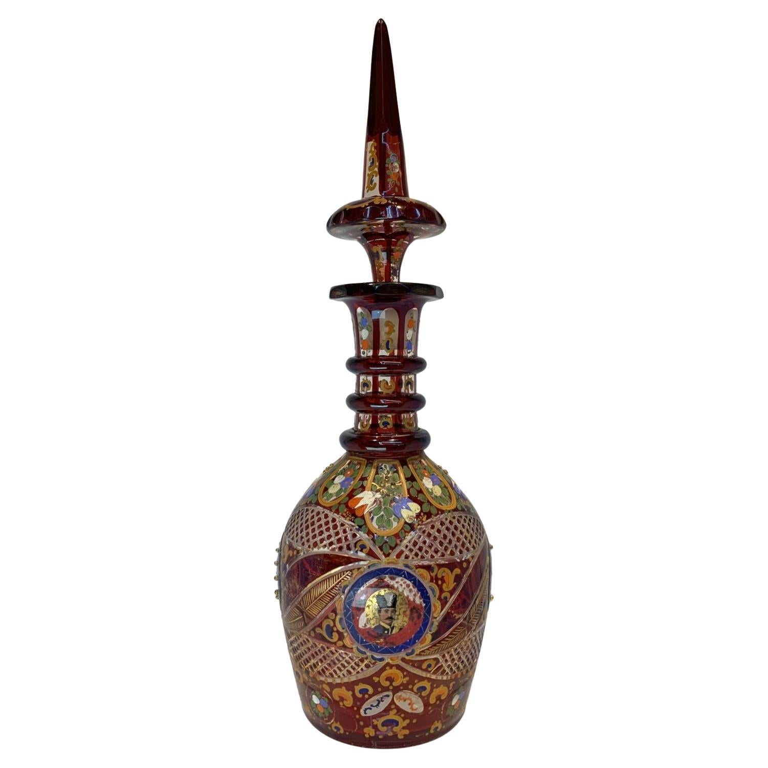 Large Enameled Gut Glass Decanters Bohemian for the Persian Market, 19th Century For Sale
