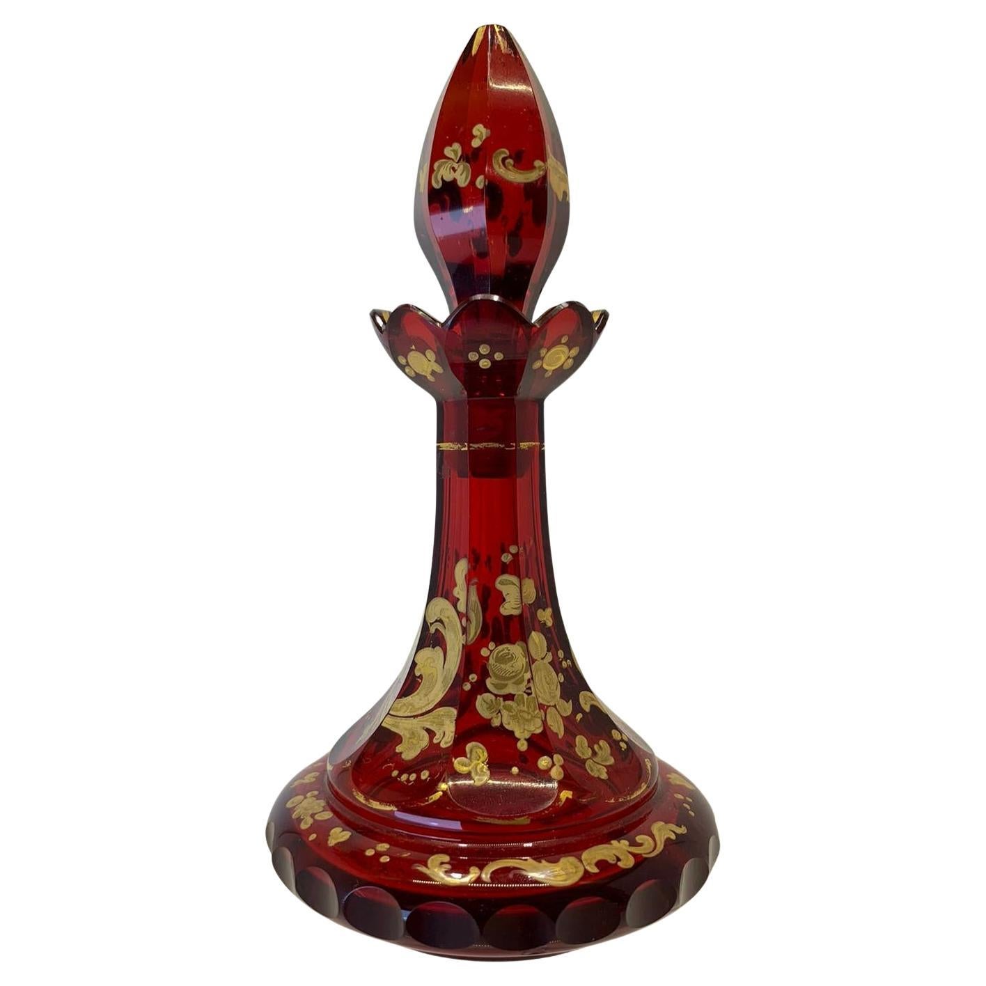 Antique Bohemian Ruby Red Enameled Glass Perfume Bottle, Flacon, 19th Century For Sale