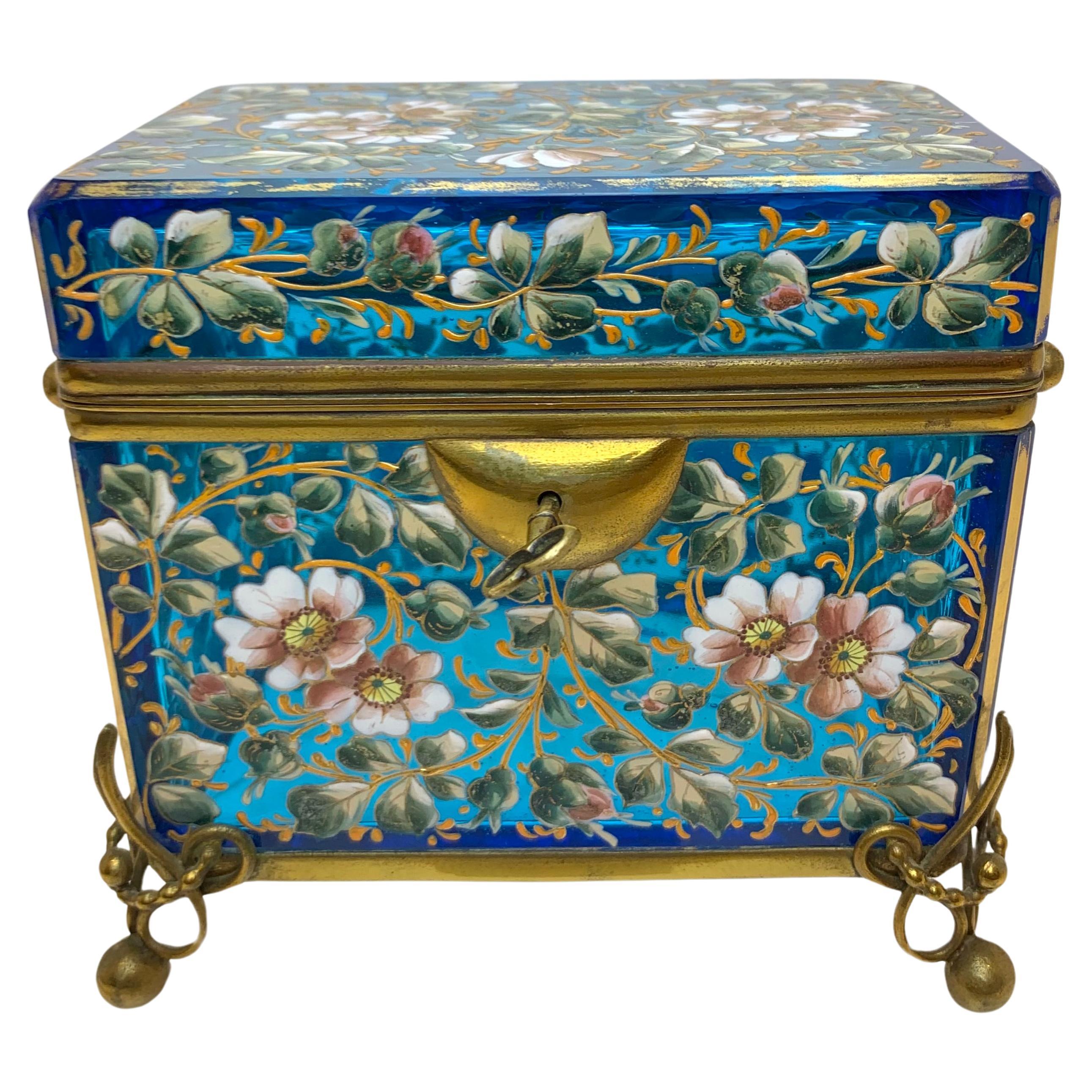 Antique Bohemian Moser Enameled Glass Jewelry Casket Box, 19th Century