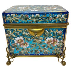 Antiguo joyero de cristal esmaltado Moser de Bohemia, Siglo XIX