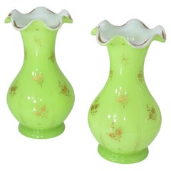 Used Pair of Vases, French Uranium Green Opaline Glass, 19th Century