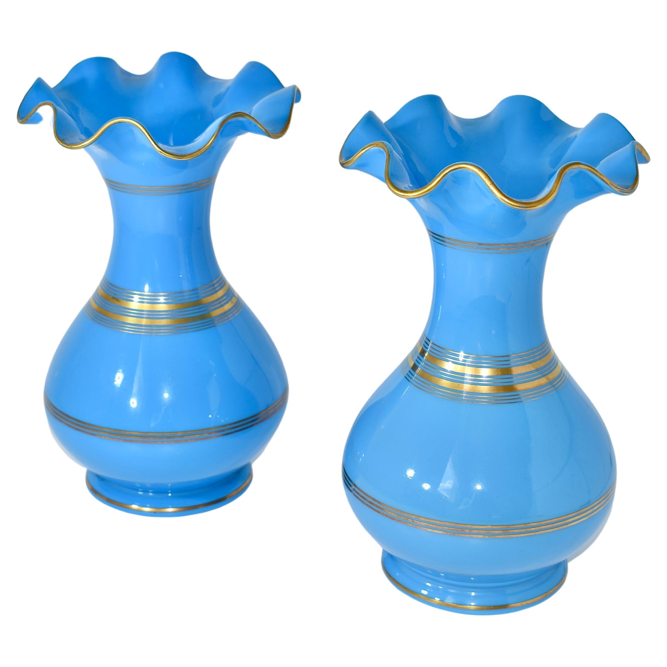 Antique Pair of French Opaline Glass Vases, 19th Century, Charles X For Sale