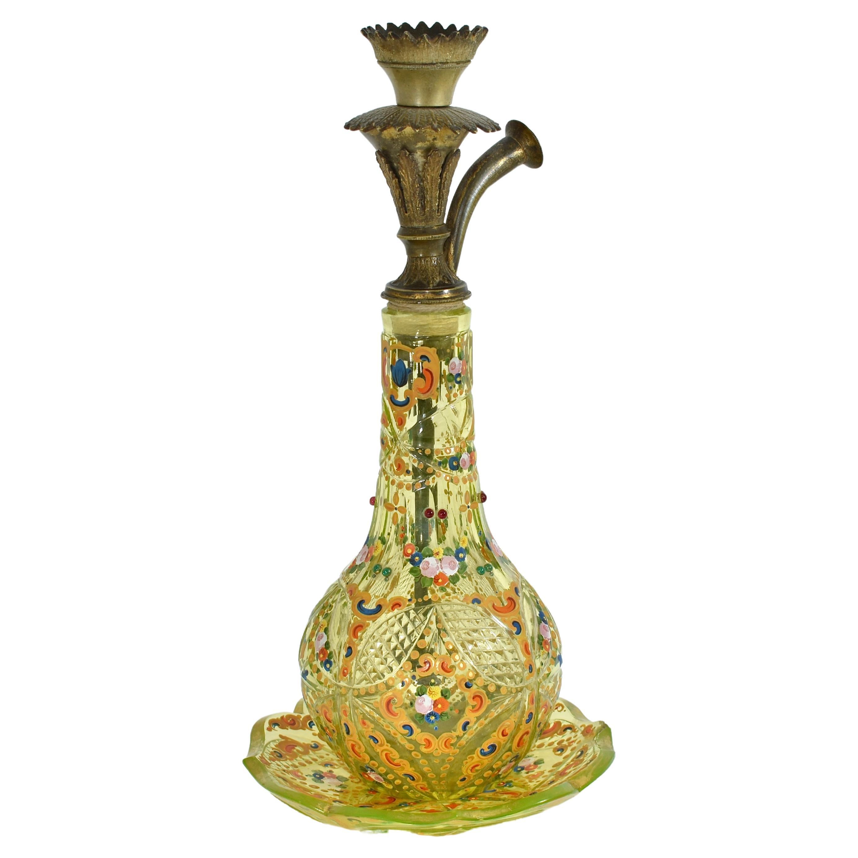 Antique Enamelled Uranium Glass Hookah and Plate, Bohemian for Persian Market For Sale