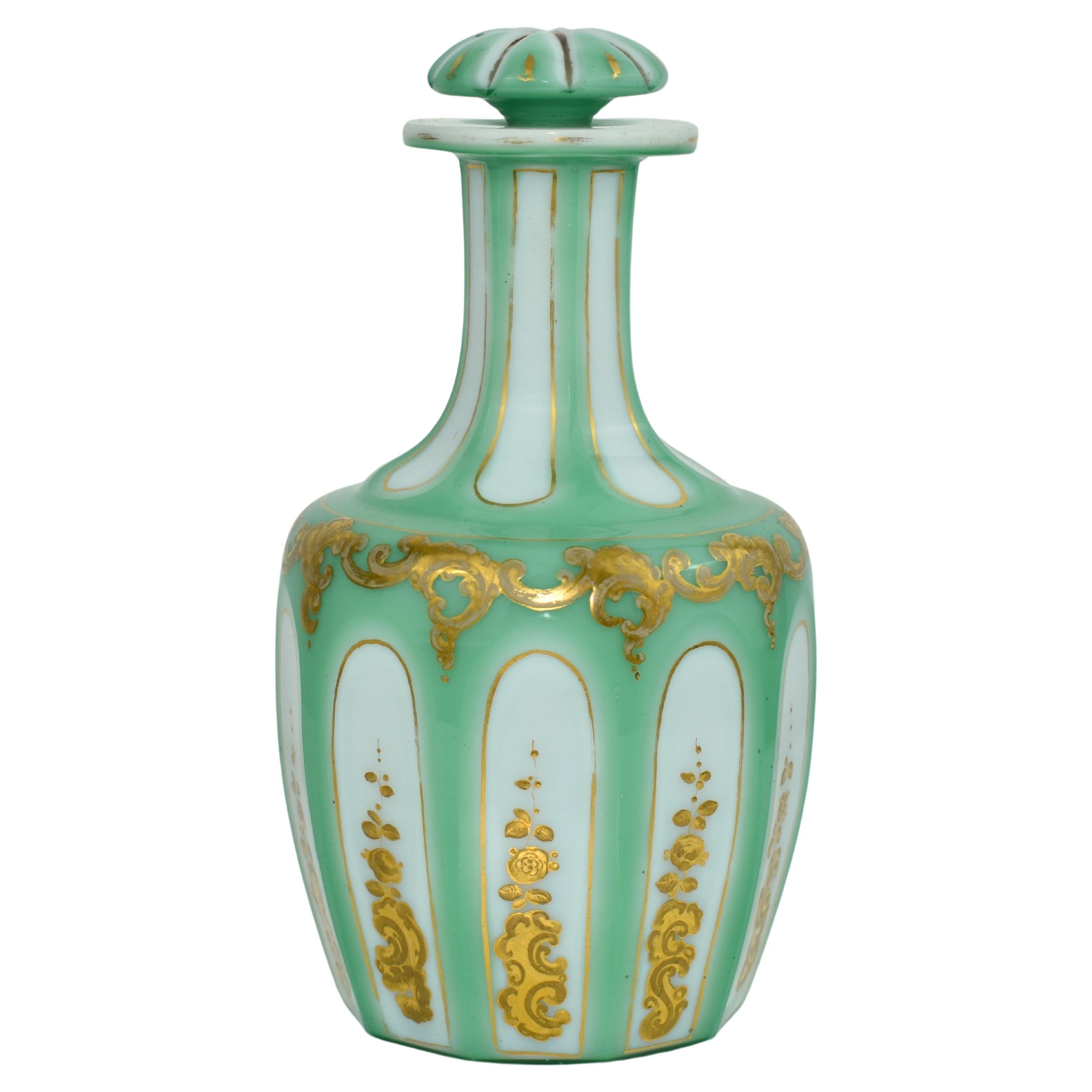 Antique Bohemian Overlay Enameled Glass Bottle, Decanter, Flacon, 19th Century