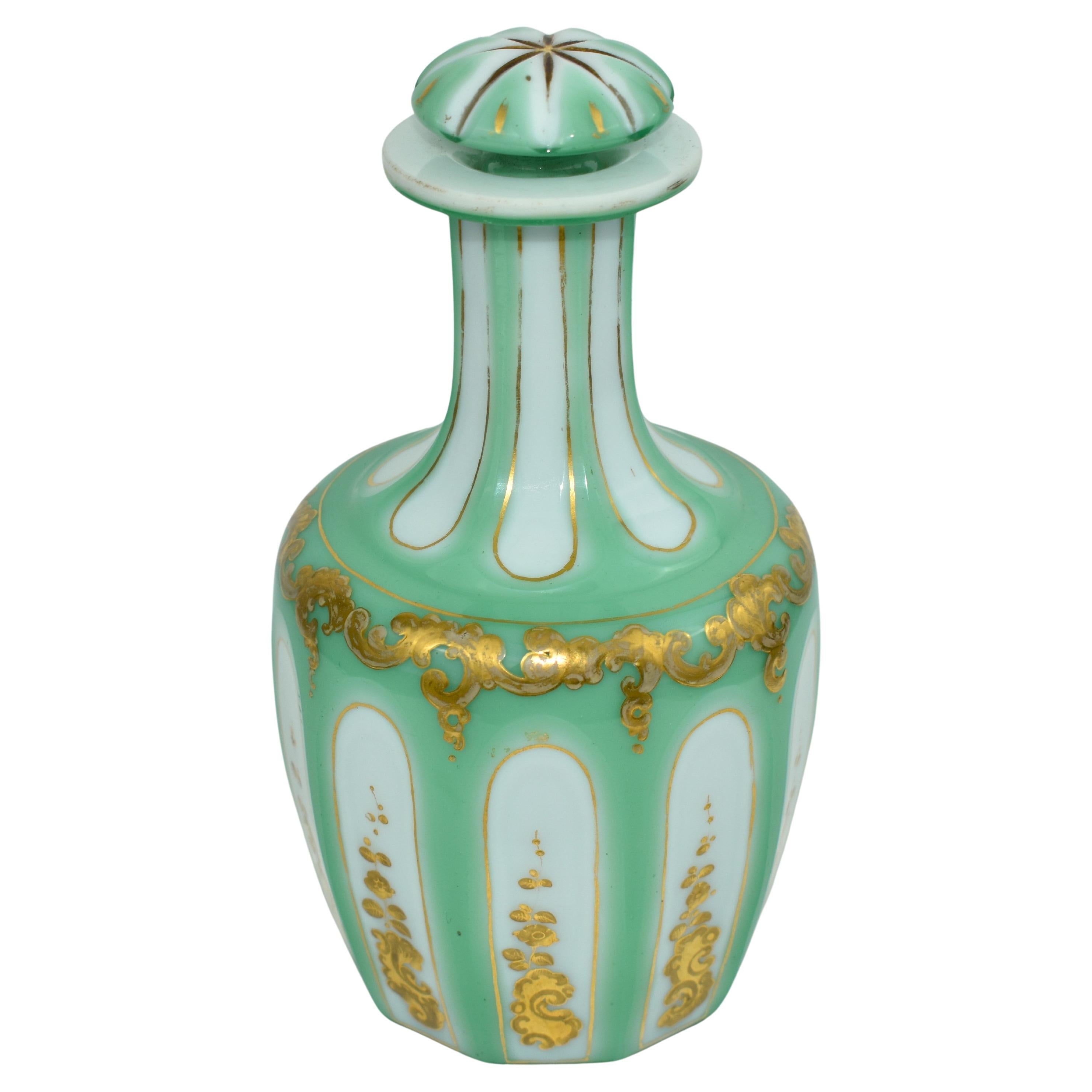 Gilt Antique Bohemian Overlay Enameled Glass Bottle, Decanter, Flacon, 19th Century For Sale