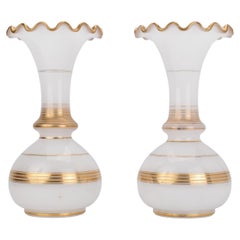 Large Pair of Antique French Opaline Baccarat Glass Vases, 19th Century