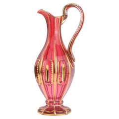 Antique Large Bohemian Gilt Cranberry Glass Pitcher, Jug, 19th Century