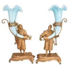 Antique Pair of French Opaline Glass Epergne Vases with Bronze, 19th Century