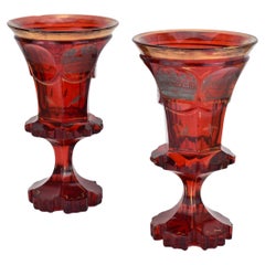 Antique Pair of Bohemian Crystal Ruby Red Cut Glass Goblets, 19th Century