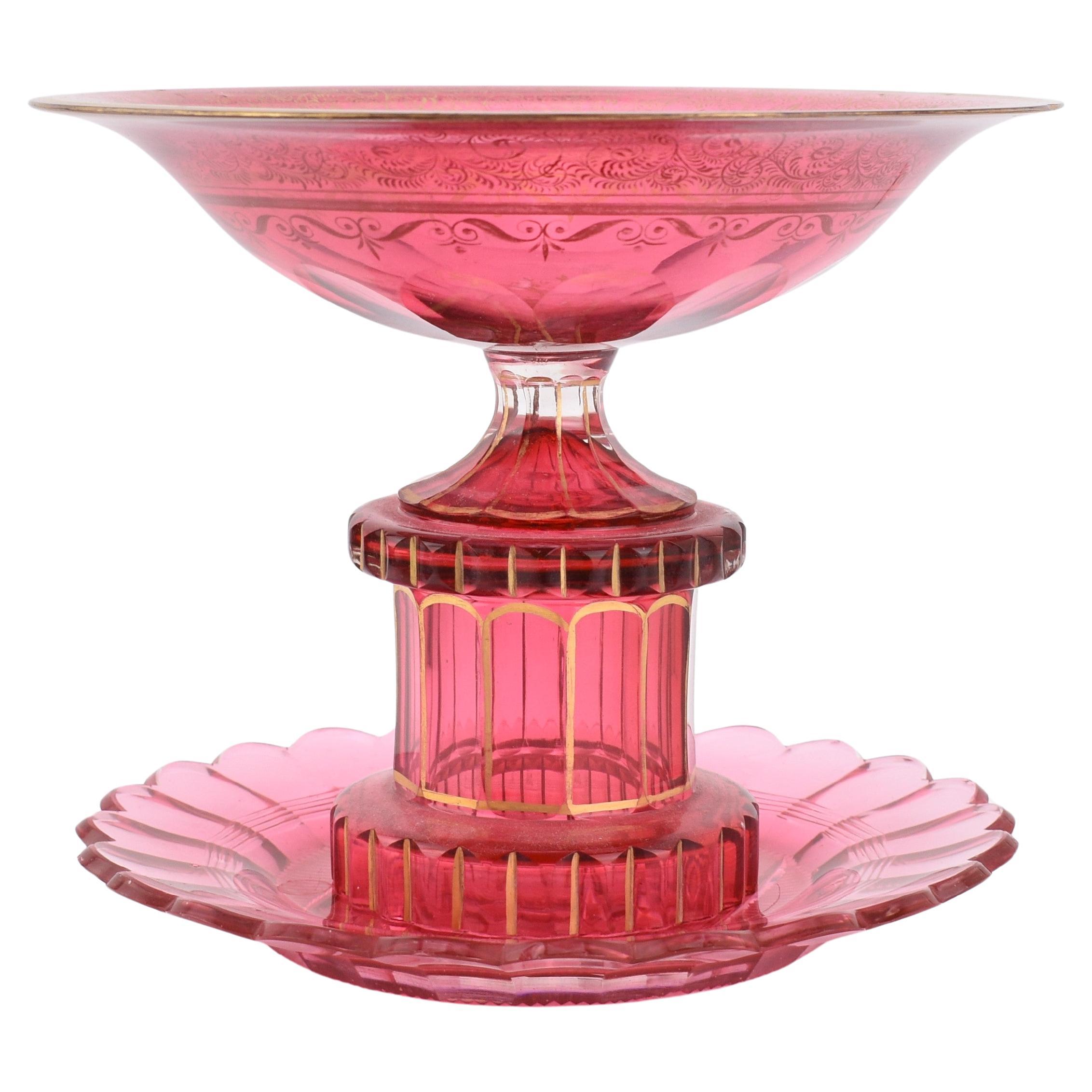 ANTIQUE BOHEMIAN GILT CRANBERRY GLASS CENTERPIECE BOWL AND PLATE, 19th CENTURY