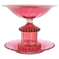 ANTIQUE BOHEMIAN GILT CRANBERRY GLASS CENTERPIECE BOWL AND PLATE, 19th CENTURY