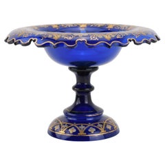 Antiguo Cuenco Tazza de Cristal Esmaltado Azul Cobalto de Bohemia, Siglo XIX