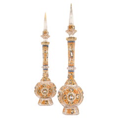 Pair of Large Bohemian Ottoman Enamelled Cut-Glass Decanters, 19th Century