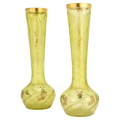 Large Pair of Antique Bohemian Uranium Glass Vases, 19th Century