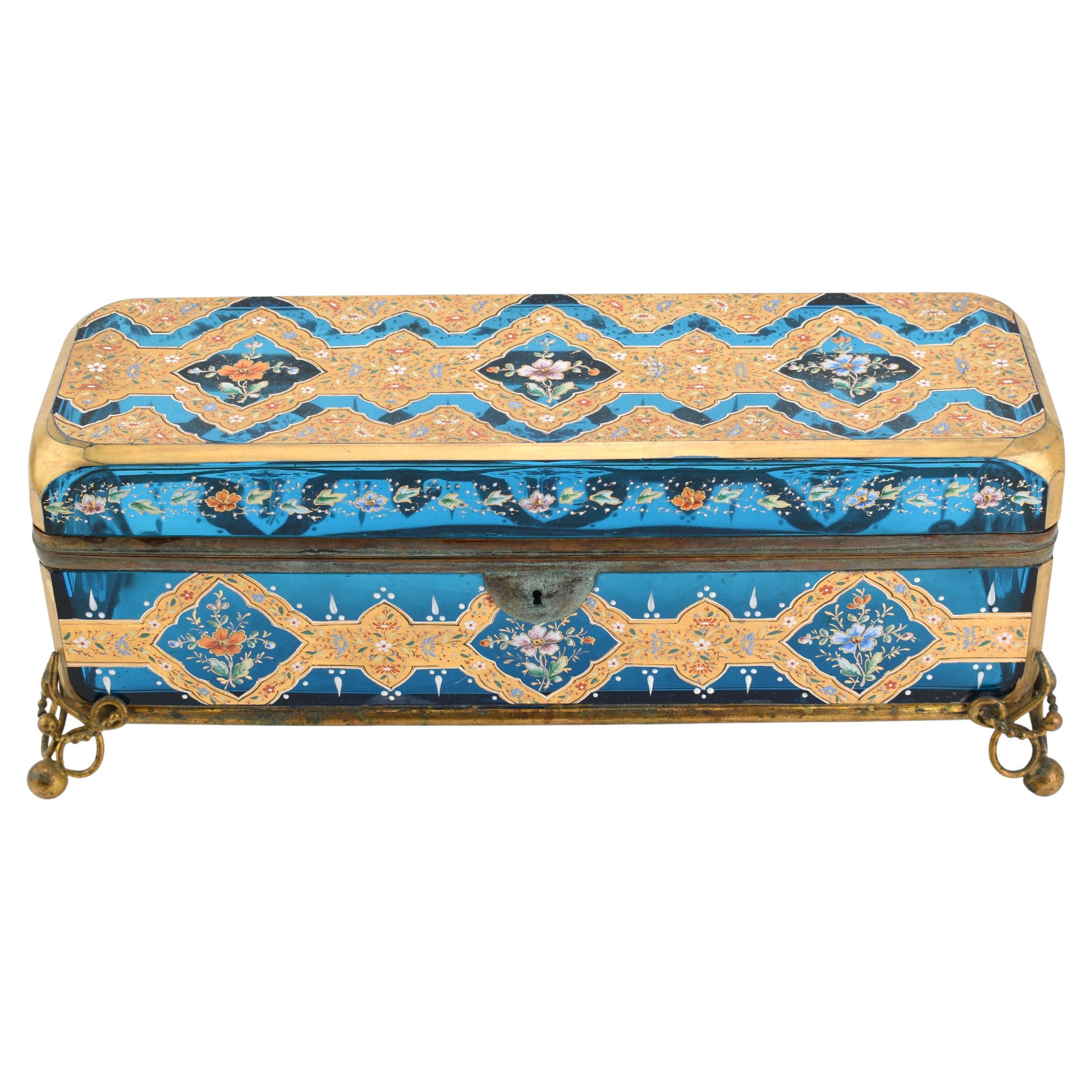 Exceptional Large Antique Bohemian Moser Enameled Gilt Glass Jewelry Casket Box