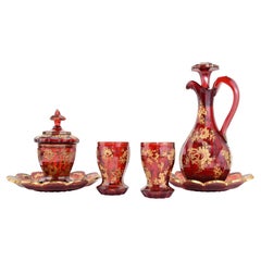 Antique Bohemian Ruby Red Enameled Gilded Glass Drinks Set, 19th Century