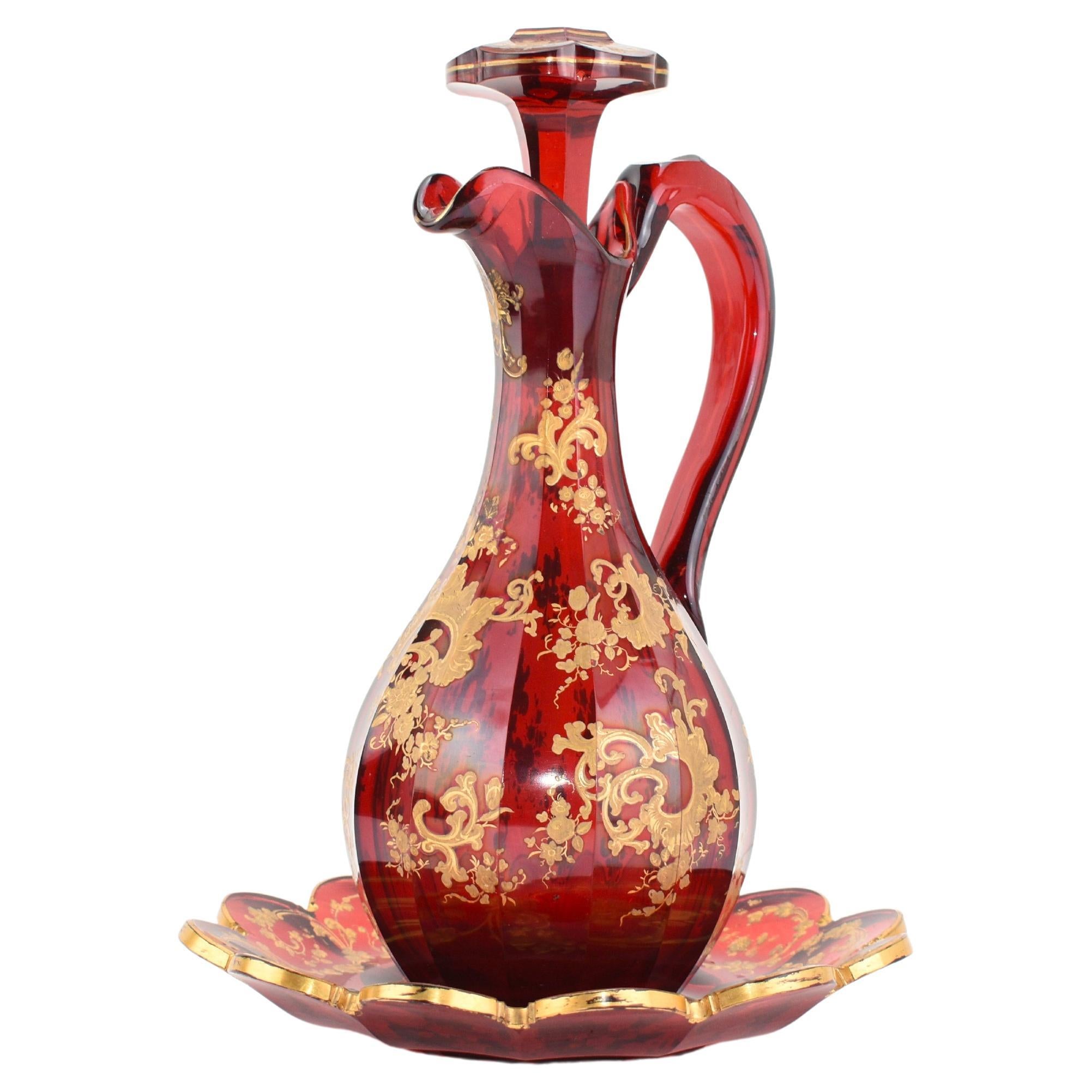 Antique Bohemian Ruby Red Enameled Gilded Glass Drinks Set, 19th Century In Good Condition For Sale In Rostock, MV