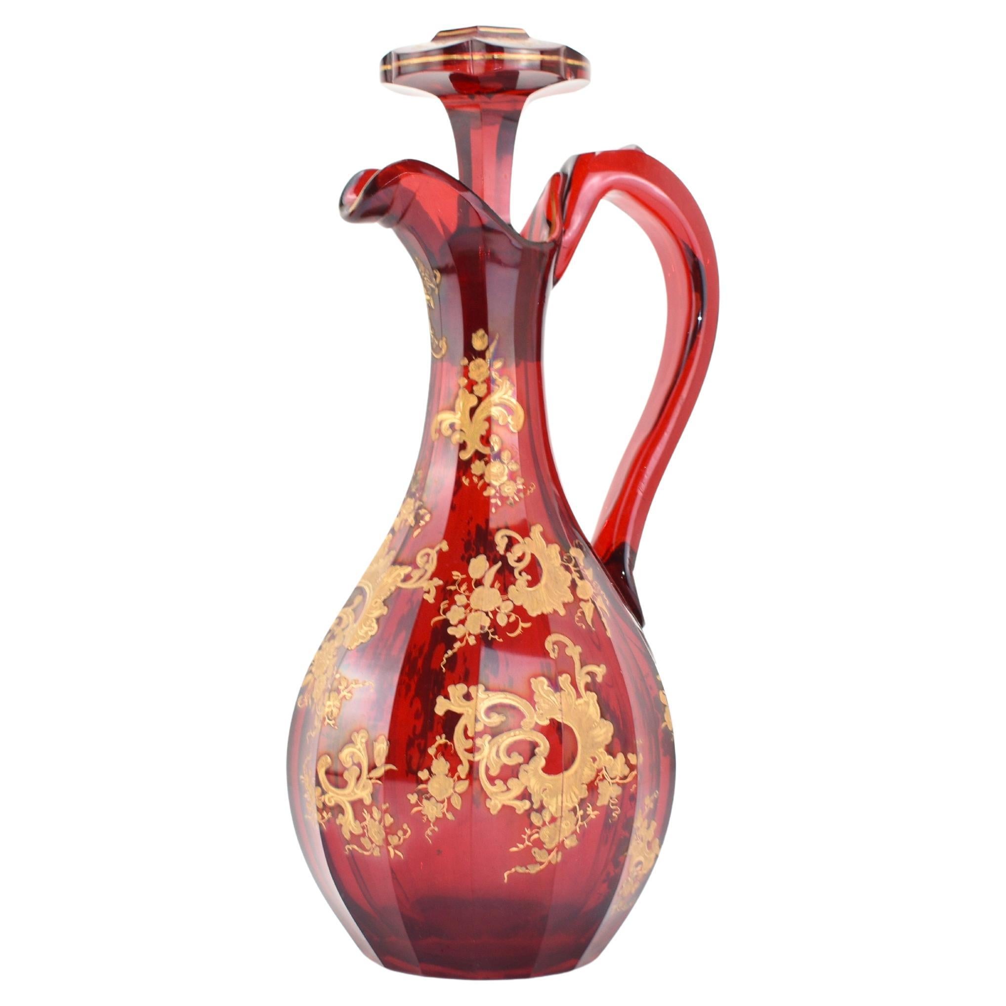 Crystal Antique Bohemian Ruby Red Enameled Gilded Glass Drinks Set, 19th Century For Sale