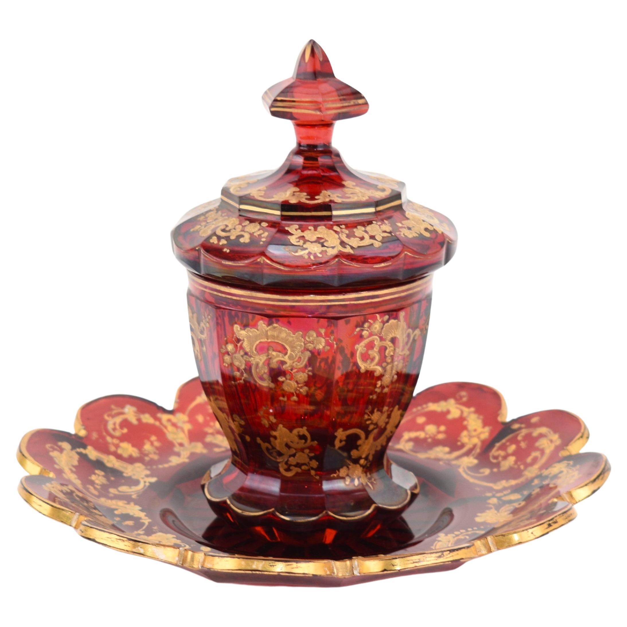 Antique Bohemian Ruby Red Enameled Gilded Glass Drinks Set, 19th Century For Sale 3