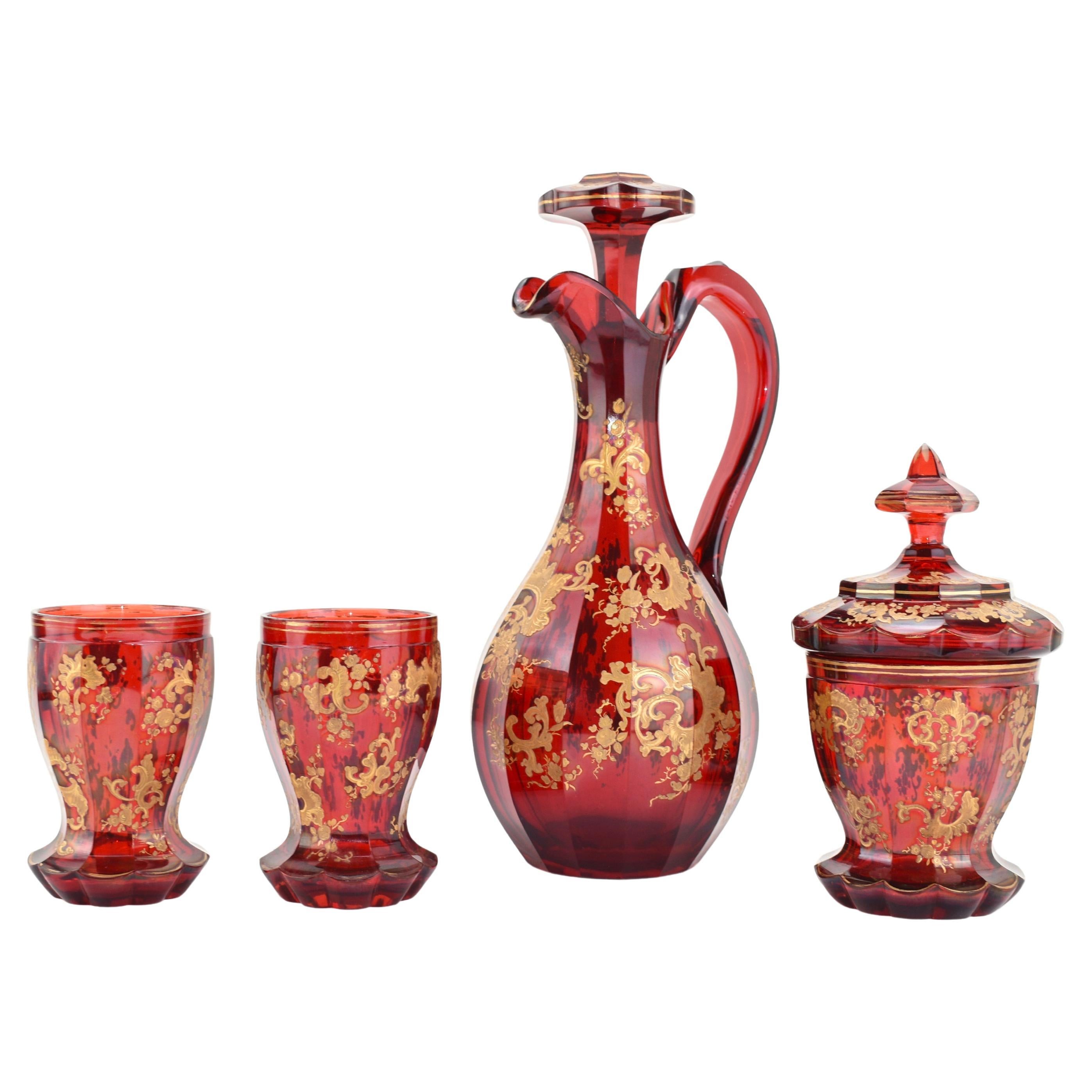 Antique Bohemian Ruby Red Enameled Gilded Glass Drinks Set, 19th Century For Sale 5