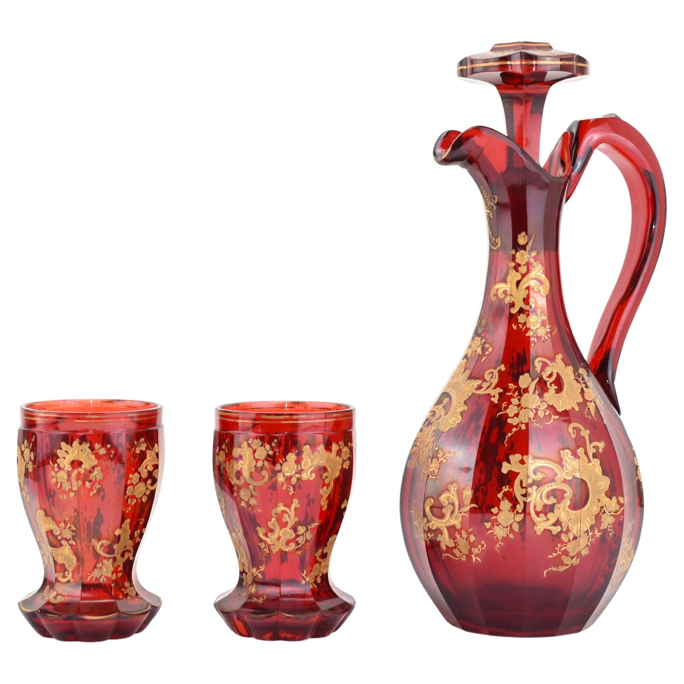 Antique Bohemian Ruby Red Enameled Gilded Glass Drinks Set, 19th Century For Sale 6