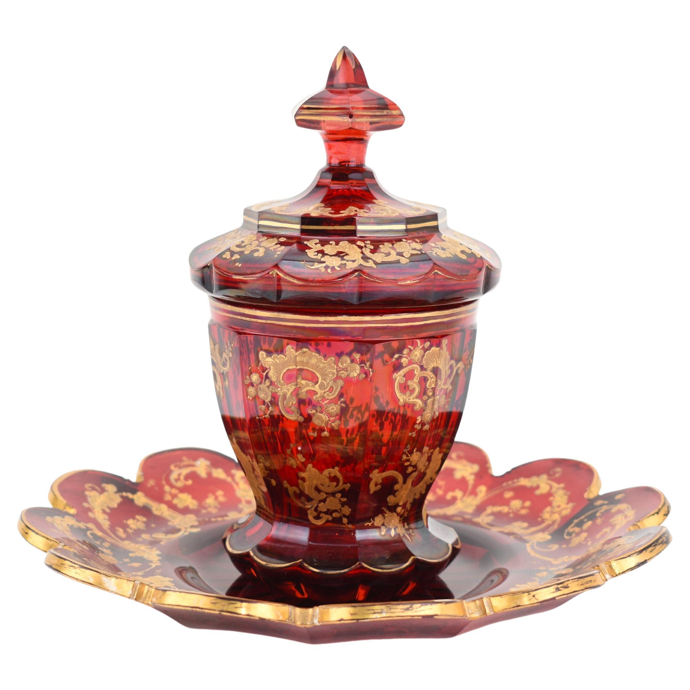 Antique Bohemian Ruby Red Enameled Gilded Glass Drinks Set, 19th Century For Sale 2