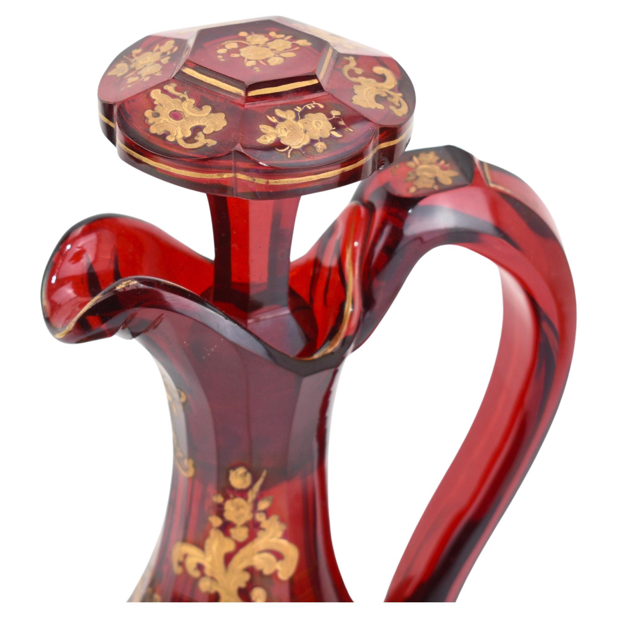 Antique Bohemian Ruby Red Enameled Gilded Glass Drinks Set, 19th Century For Sale 1