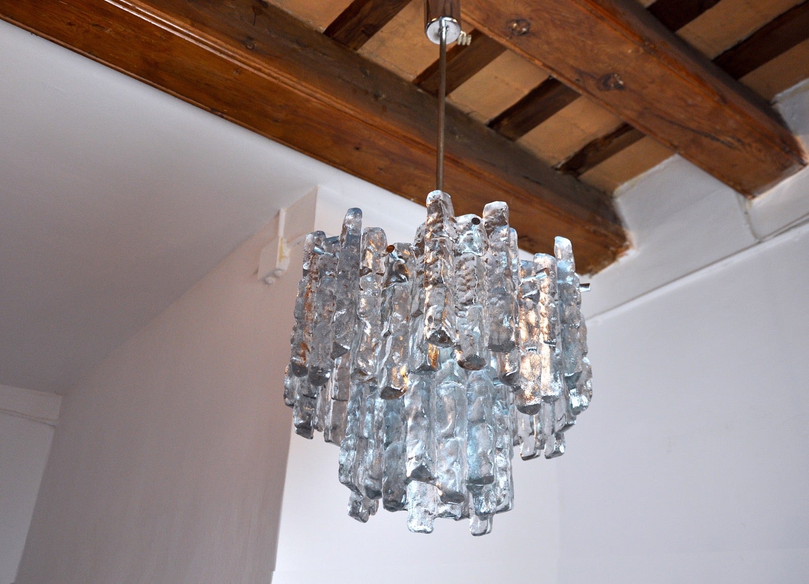 "Glaçon" Chandelier by JT Kalmar, Frosted Glass, 2 Levels, Austria, 1970 For Sale