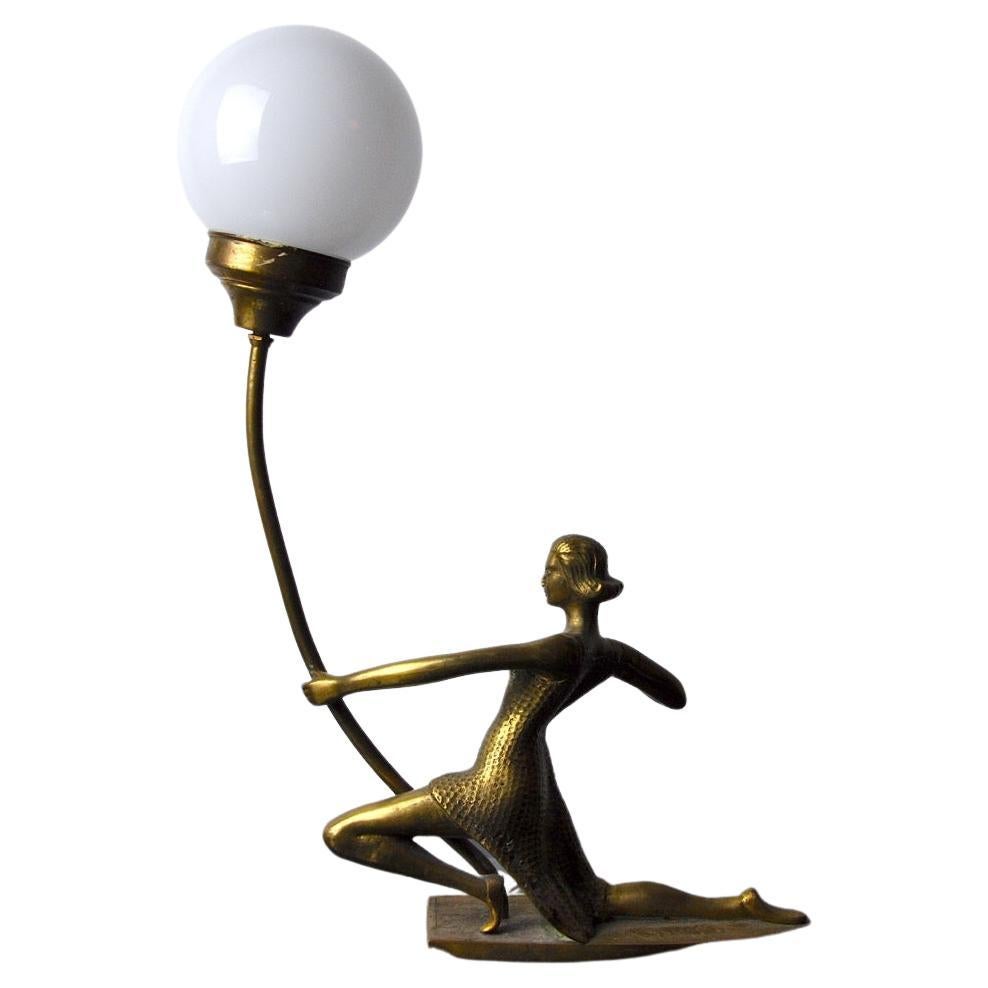 Lamp "Woman with a Bow" Brass and Opaline France Mid-Century For Sale